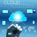 Future touchscreen interface with hand - cloud solution concept Royalty Free Stock Photo