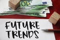 Future trends words on a page, 100 euro banknotes and luxury pen. Industry business concept