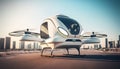 Future of urban air mobility, city air taxi. Autonomous driverless aerial vehicle fly through city. generative ai