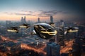 Future of Urban Air Mobility. Flying Private self-driving passenger drones flying in the sky on city landscape Royalty Free Stock Photo