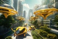 Future of Urban Air Mobility. Flying Taxis. Yellow self-driving passenger drones flying in the sky on city landscape Royalty Free Stock Photo
