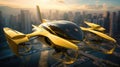 Future of Urban Air Mobility. Flying Taxis. Yellow self-driving passenger drones flying in the sky on city landscape Royalty Free Stock Photo