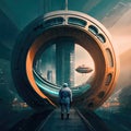 Future urban landscape with lonely figure and concept circle arch. Generative AI