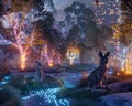 Future urban park at dusk, kangaroos resting beside glowing trees, coffee holograms in air Royalty Free Stock Photo