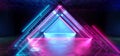 Future Virtual Neon Glowing Lights Purple Blue Triangle Shape Construction Stage Podium Club Dark Night Laser Sci Fi Show