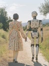 A future vision of a Human, Robot romantic relationship - a romantic country walk Royalty Free Stock Photo