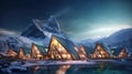 Future wooden architecture city snow mountains aurora borealis glacier