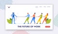 The Future of Work Landing Page Template. Characters Tear Rope with Artificial Intelligence Robot. Workers Tug of War