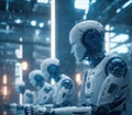 Future Workforce Advanced Humanoid Robots with White Sleek Chassis, Blue Cybernetic Components, Operating in High-Tech, Neon-Lit Royalty Free Stock Photo