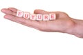 Future written with wooden dice on a hand, isolated on white background Royalty Free Stock Photo