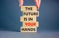 The future is in your hands symbol. Concept words The future is in your hands on wooden blocks on a beautiful grey table grey Royalty Free Stock Photo