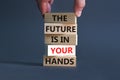 The future is in your hands symbol. Concept words The future is in your hands on wooden blocks on a beautiful grey table grey Royalty Free Stock Photo