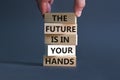 The future is in your hands symbol. Concept words The future is in your hands on wooden blocks on a beautiful grey table grey Royalty Free Stock Photo