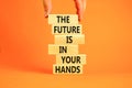 The future is in your hands symbol. Concept words The future is in your hands on wooden blocks on a beautiful orange table orange Royalty Free Stock Photo
