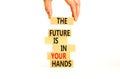 The future is in your hands symbol. Concept words The future is in your hands on wooden blocks on a beautiful white table white Royalty Free Stock Photo