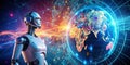 FutureForward AI Double Exposure of a Robot Analyzing Massive Datasets Through Advanced Machine Learning