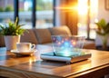 FutureForward Workspace A Minimalist Hologram Digital Assistant Illuminates a Modern Desk with Floating Icons
