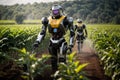 Futurestic robot farmers working in the field