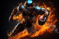 Futurist American football player running with the ball in fire. Team spirit, overcoming, equality and tolerance concept in the Royalty Free Stock Photo