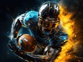 Futurist American football player running with the ball in fire. Team spirit, overcoming, equality and tolerance concept in the Royalty Free Stock Photo