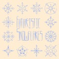 Futurist snowflake doilies with shadow set in blue on yellow background