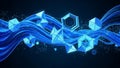 Futuristic abstract blue geometric shapes and flowing waves of light data Royalty Free Stock Photo
