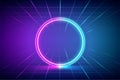 Futuristic abstract blue and pink neon light circles frame background. Neon background with copy space for advertising, banner and Royalty Free Stock Photo