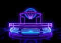 Futuristic abstract blue and purple neon light illuminated basketball court on dark background. Royalty Free Stock Photo