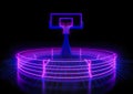 Futuristic abstract blue and purple neon light illuminated basketball court on dark background. Royalty Free Stock Photo