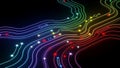 A futuristic abstract circuit board with colorful glowing pathways and flowing data streams on a black background Royalty Free Stock Photo
