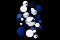 Futuristic abstract composition featuring metallic silver spheres and deep blue shapes on a dark background