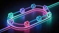 Futuristic Abstract Data Flow System with Glowing Neon Tubes and Modules on a Dark Grid Background Royalty Free Stock Photo