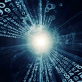 Futuristic abstract data tunnel with flowing numeric streams and glowing light representing digital information and technology