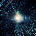 Futuristic abstract data tunnel with flowing numeric streams and glowing light representing digital information and technology