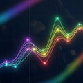 Futuristic Abstract Data Visualization with Glowing Rainbow Wavy Lines and Illuminated Nodes on a Dark Grid Background Royalty Free Stock Photo