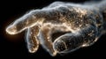 Futuristic abstract digital hand with glowing network of particles and lines on black background Royalty Free Stock Photo