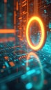 Futuristic abstract digital interface with glowing neon ring, circuit board patterns. Teal, orange lights suggest data flow, Royalty Free Stock Photo