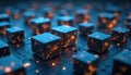 Futuristic abstract illustration featuring glowing data cubes, tech design, data transfer concept. Blue, orange colors. Royalty Free Stock Photo