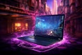 Futuristic abstract laptop. Computer technology, neon screen, display futuristic.