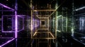 Futuristic Abstract Neon Wireframe Cube Tunnel with Digital Glitch Effects and Cyberpunk Geometry on Dark Background Royalty Free Stock Photo