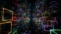 Futuristic Abstract Neon Wireframe Cube Tunnel with Digital Glitch Effects and Cyberpunk Geometry on Dark Background Royalty Free Stock Photo