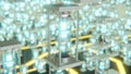 futuristic abstract object with glowing blue core and neon yellow digital shapes on floor 3d rendering