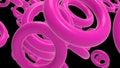 Futuristic abstract pink rings rotate and move in space. Nice party plan. Signs of children`s toys. Symbols for kindergartens. 3D