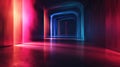 Futuristic abstract room interior, neon light inside modern dark tunnel. Concept of hall, garage, background, warehouse Royalty Free Stock Photo