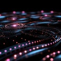 In a futuristic abstract style, a digital wave of purple glowing particles conveys the concepts of data flow, advanced technology