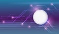 Futuristic abstract technology background with glowing circular interface, neon lines and digital dots in purple-blue tones, Royalty Free Stock Photo