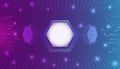 Futuristic abstract technology background with a glowing hexagonal interface, neon purple and blue gradients, digital particles, Royalty Free Stock Photo