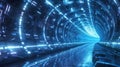 Futuristic abstract tunnel with blue lights of data, abstract tech space background. Perspective view of digital corridor in