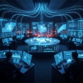 Futuristic or advanced command center, possibly related to cybersecurity, Royalty Free Stock Photo