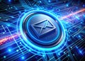 A Futuristic Aerial Perspective on Digital Communication Hovering Email Button a Glimpse into the Future of Online Royalty Free Stock Photo